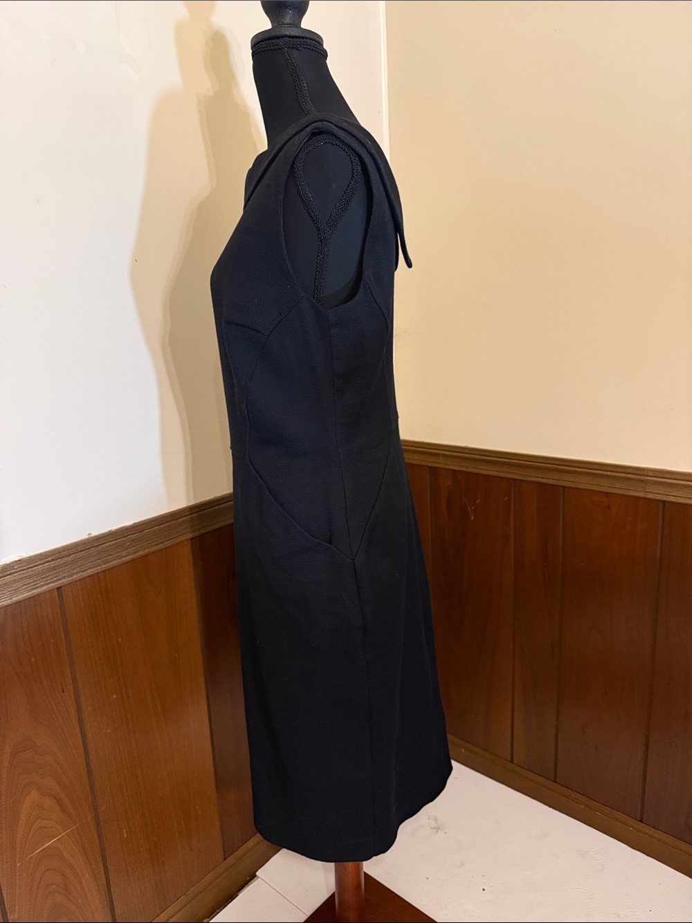 Boden Black Sheath Dress US 8 UK 12R Cotton Stretch Rolled Collar Career - Picture 2 of 9